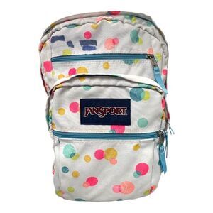 Jansport White Pink Yellow Polka Dot Print Backpack  Multiple Pockets READ